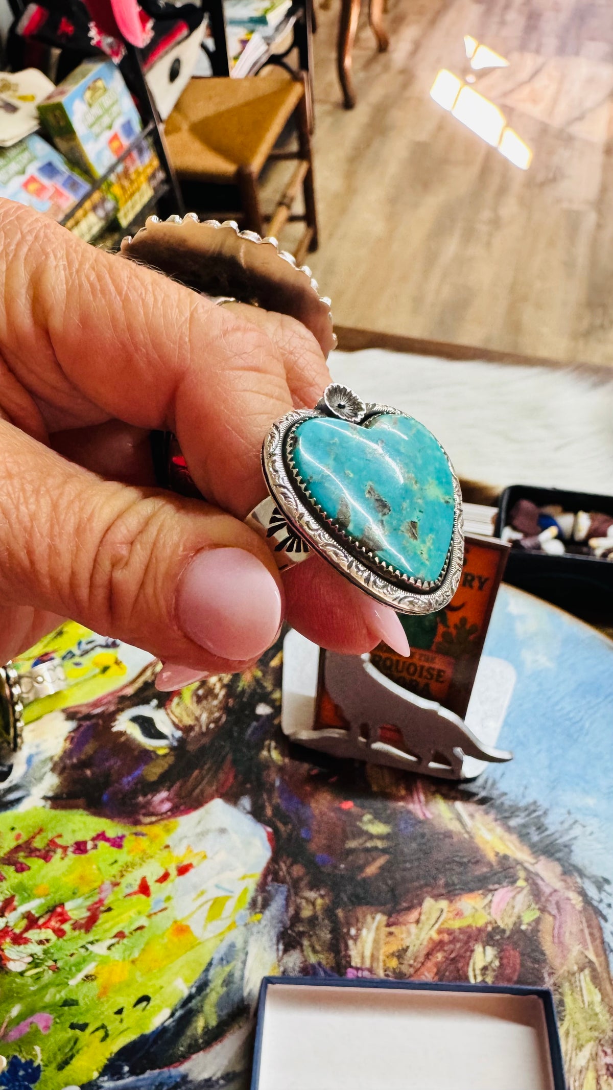 Turquoise Heart w/Flower Ring Adjustable