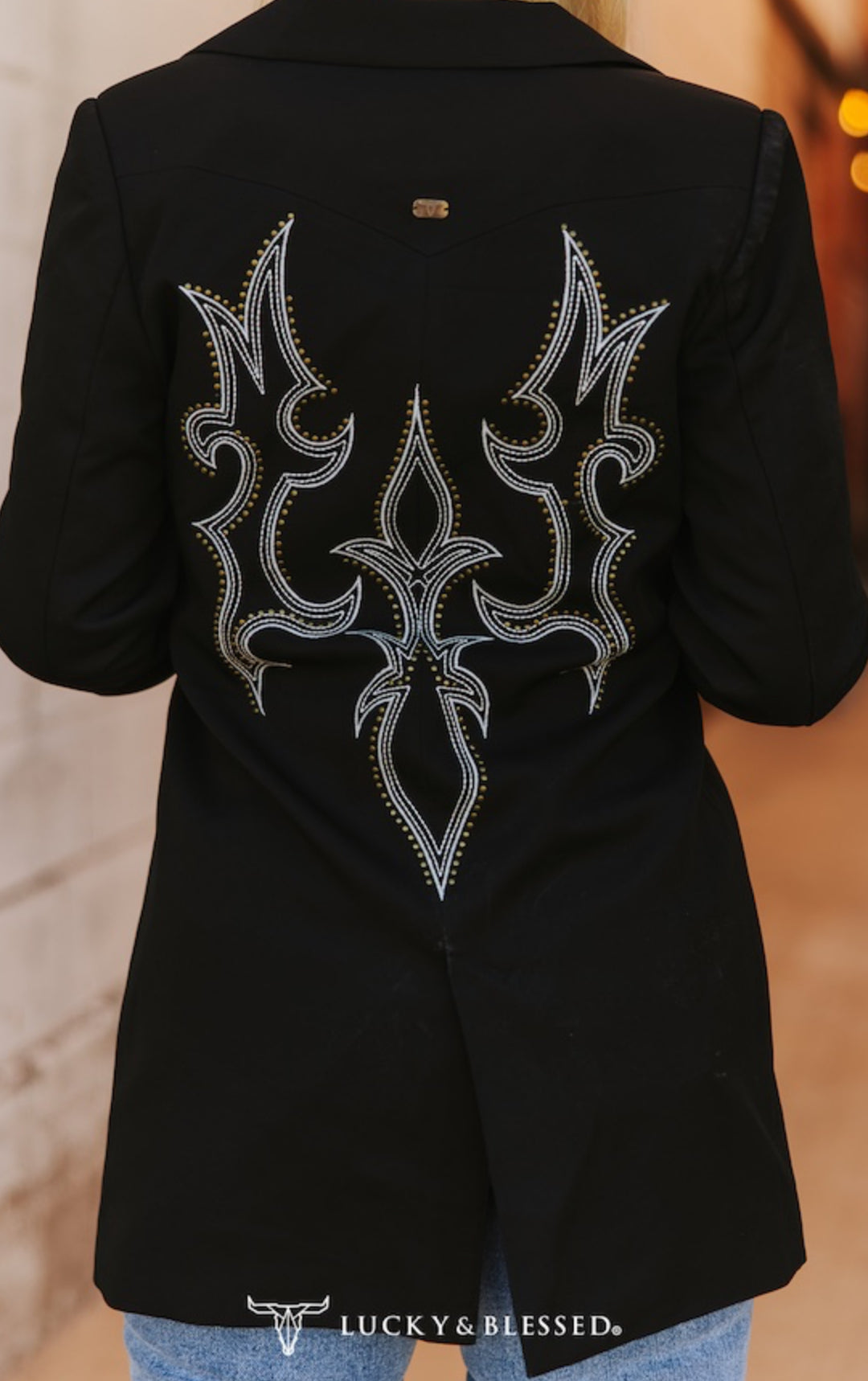 Black Boot Stitch Ivory Embroidered Blazer