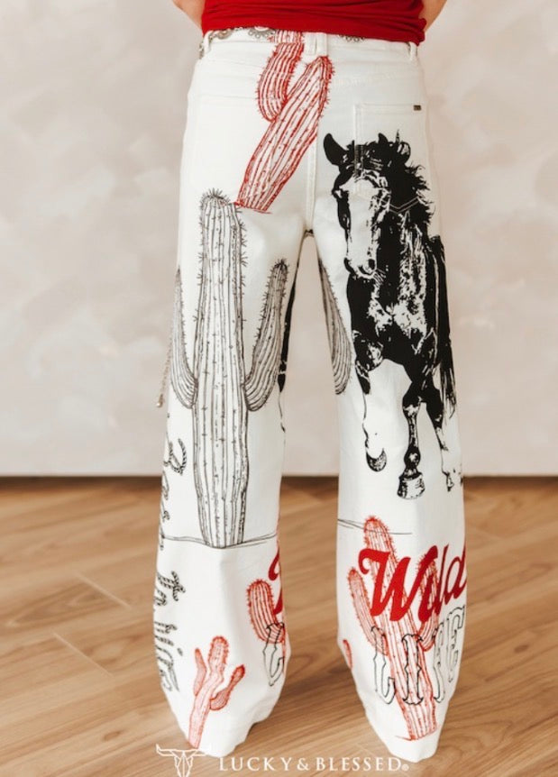 L& B Western Cactus Wild Life Printed High Rise Wide Leg Jeans (32in Inseam)
