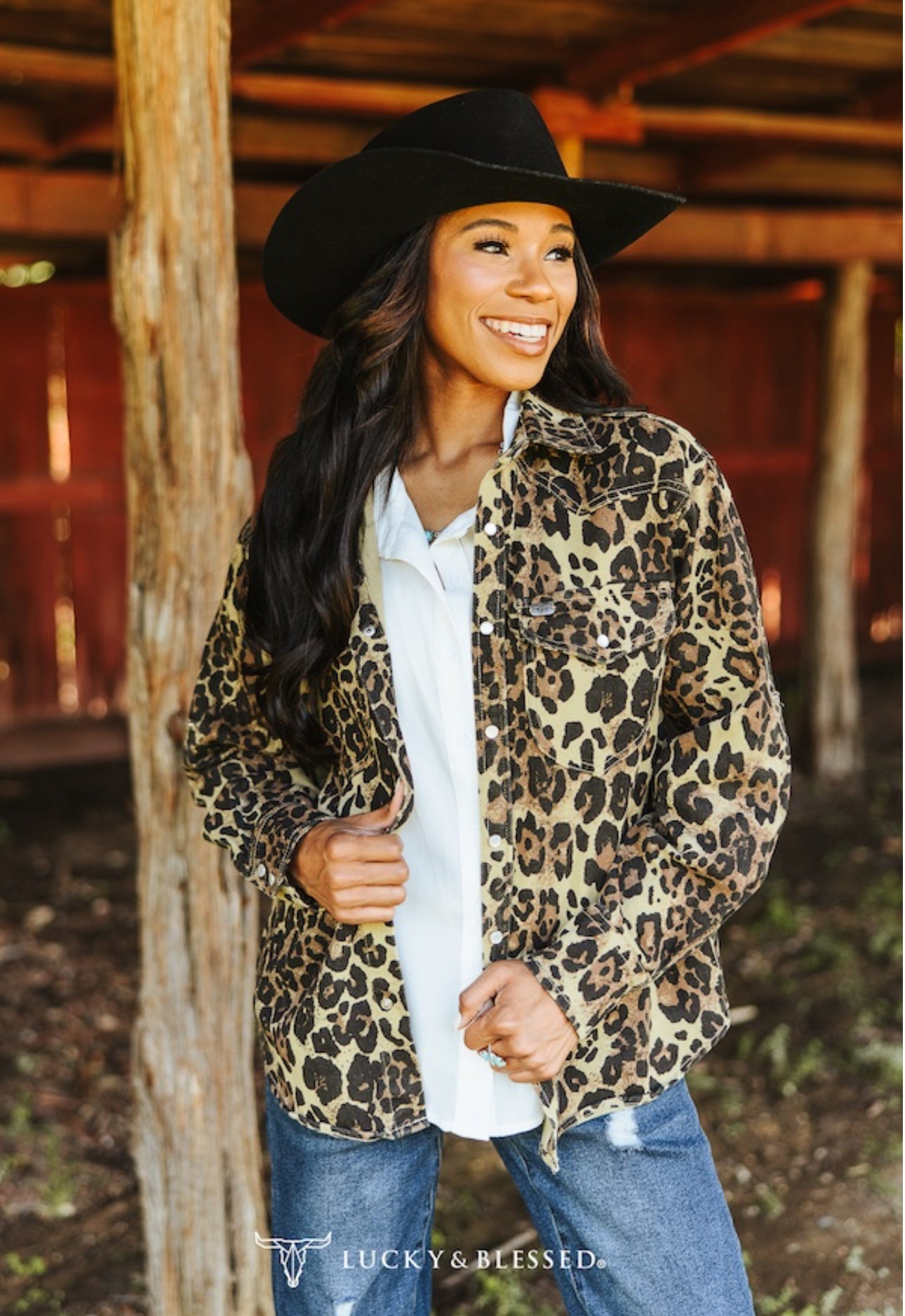 L&B Leopard Print Denim Pearl Snap Shirt