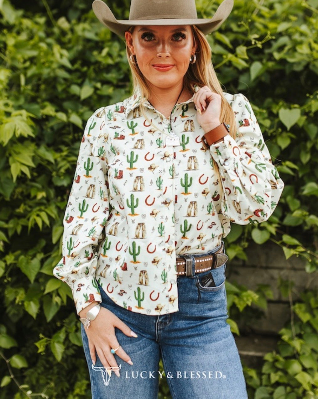 L&B Cactus Western Printed Long Sleeve Pearl Snap Shirt