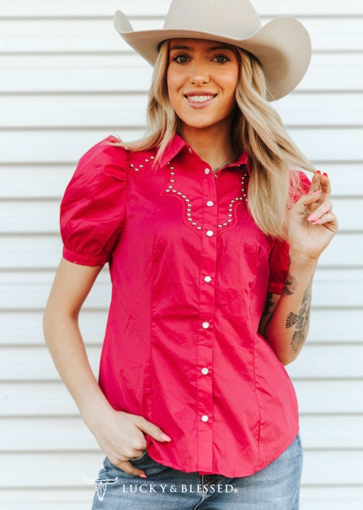 L&B Short Sleeve Studded Detail Pearl Snap Button Down Shirt