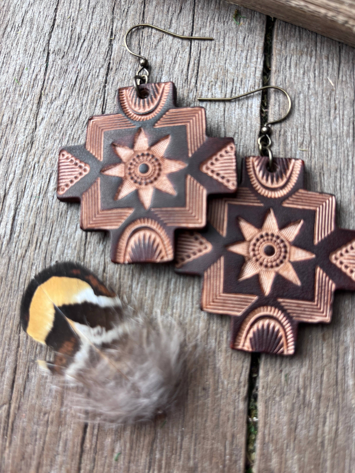 Boho Western Hand Tooled Leather Earrings Southwest Style