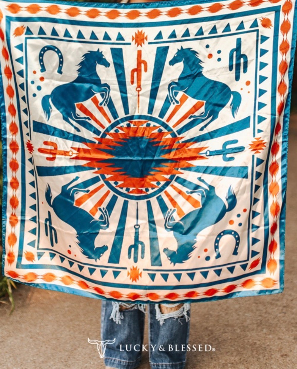 L&B Wild Rag Teal Horse Orange Aztec Double Sided Printed (35in x 35in)
