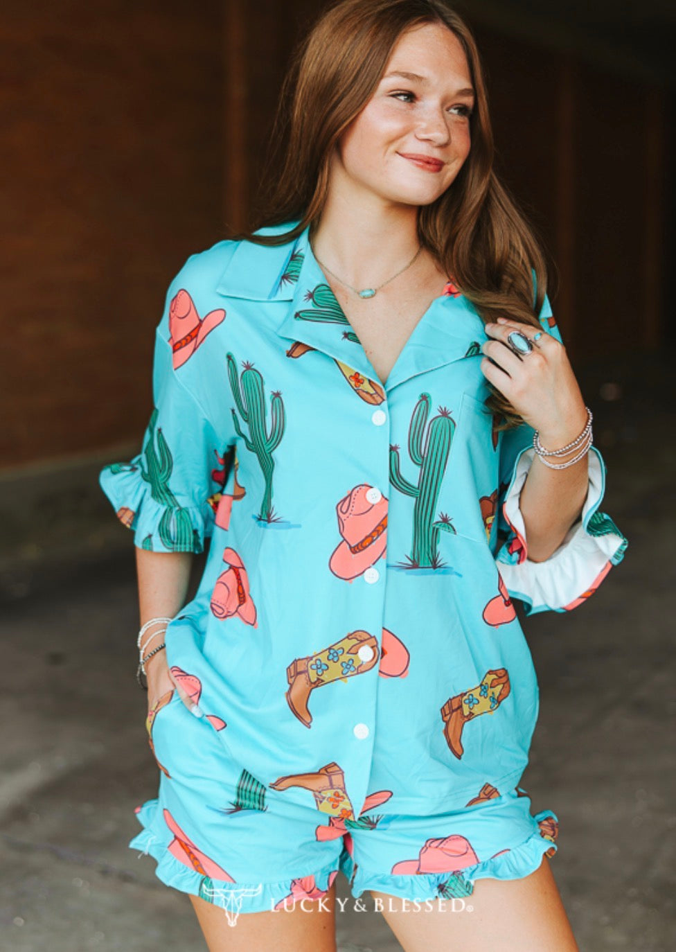 L&B Turquoise Cactus Printed Ruffle Shorts Set