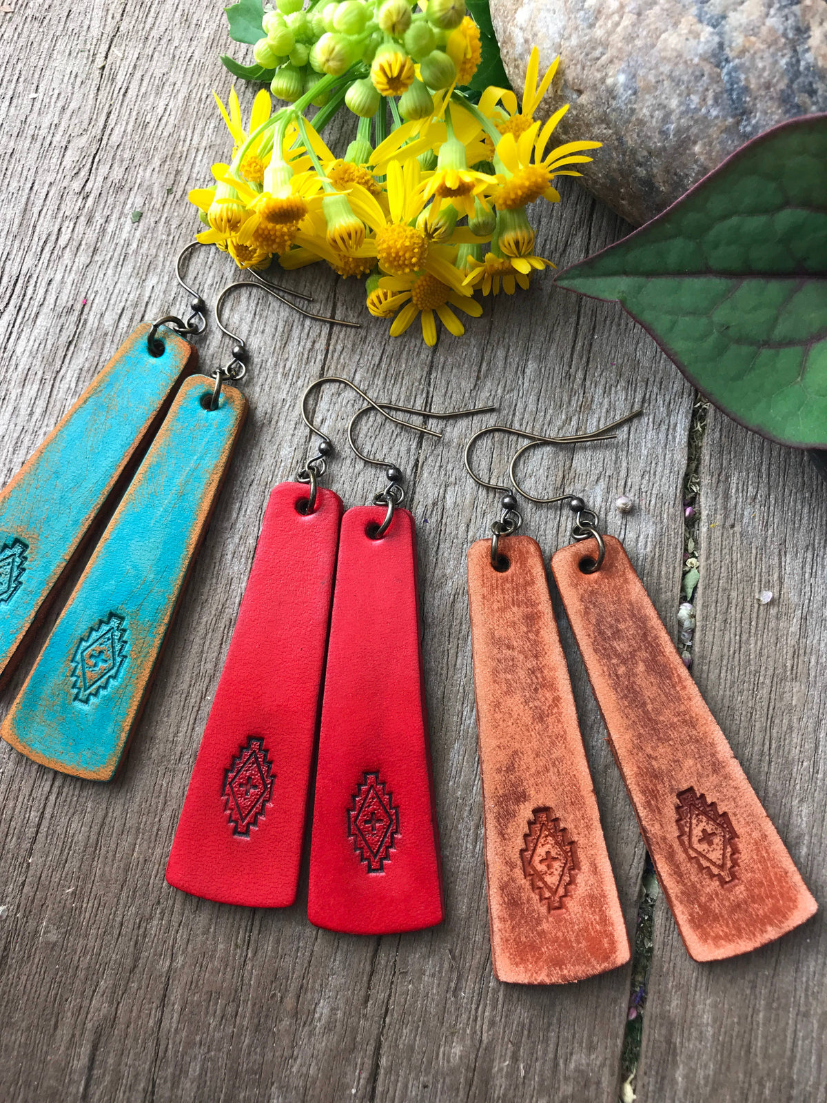 Hand Tooled Western Style Leather Bar Earrings