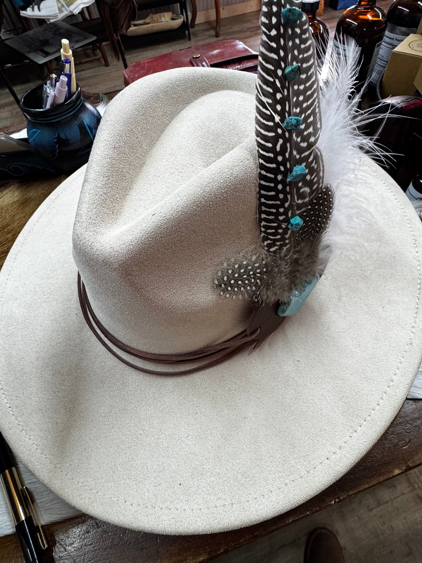 Cream Hat w-FauxTurquoise & Feather