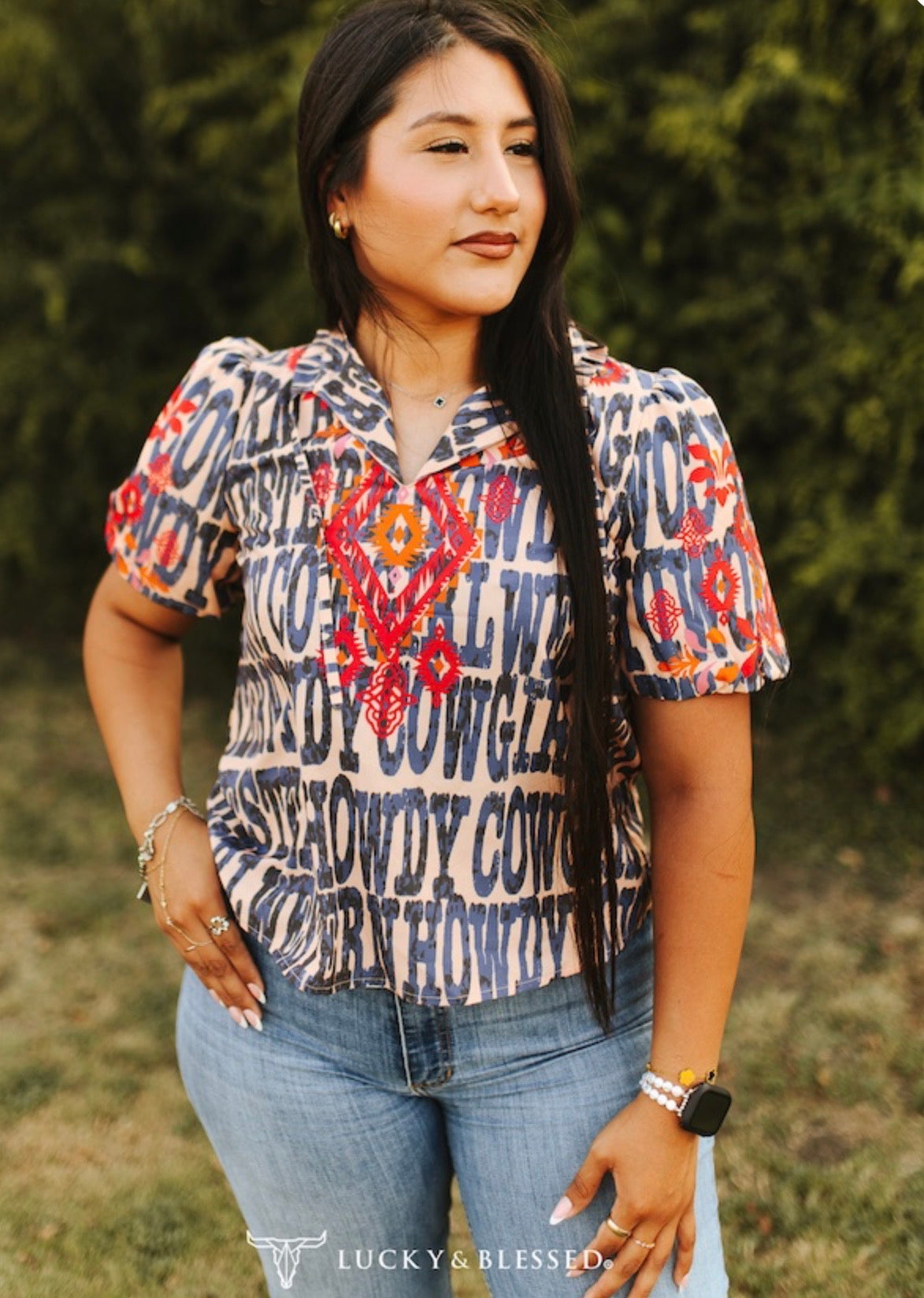 L&B Howdy Cowgirl Puff Shoulder Aztec Printed Front Tie Top