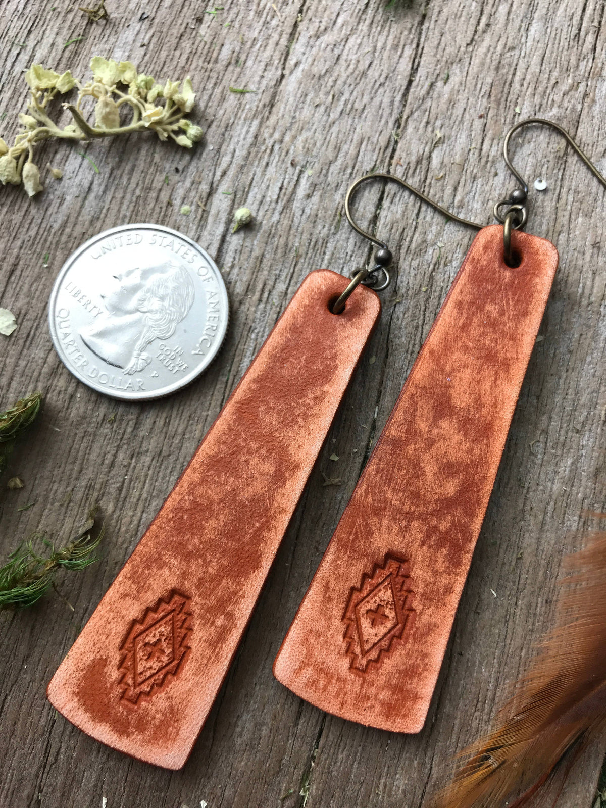 Hand Tooled Western Style Leather Bar Earrings