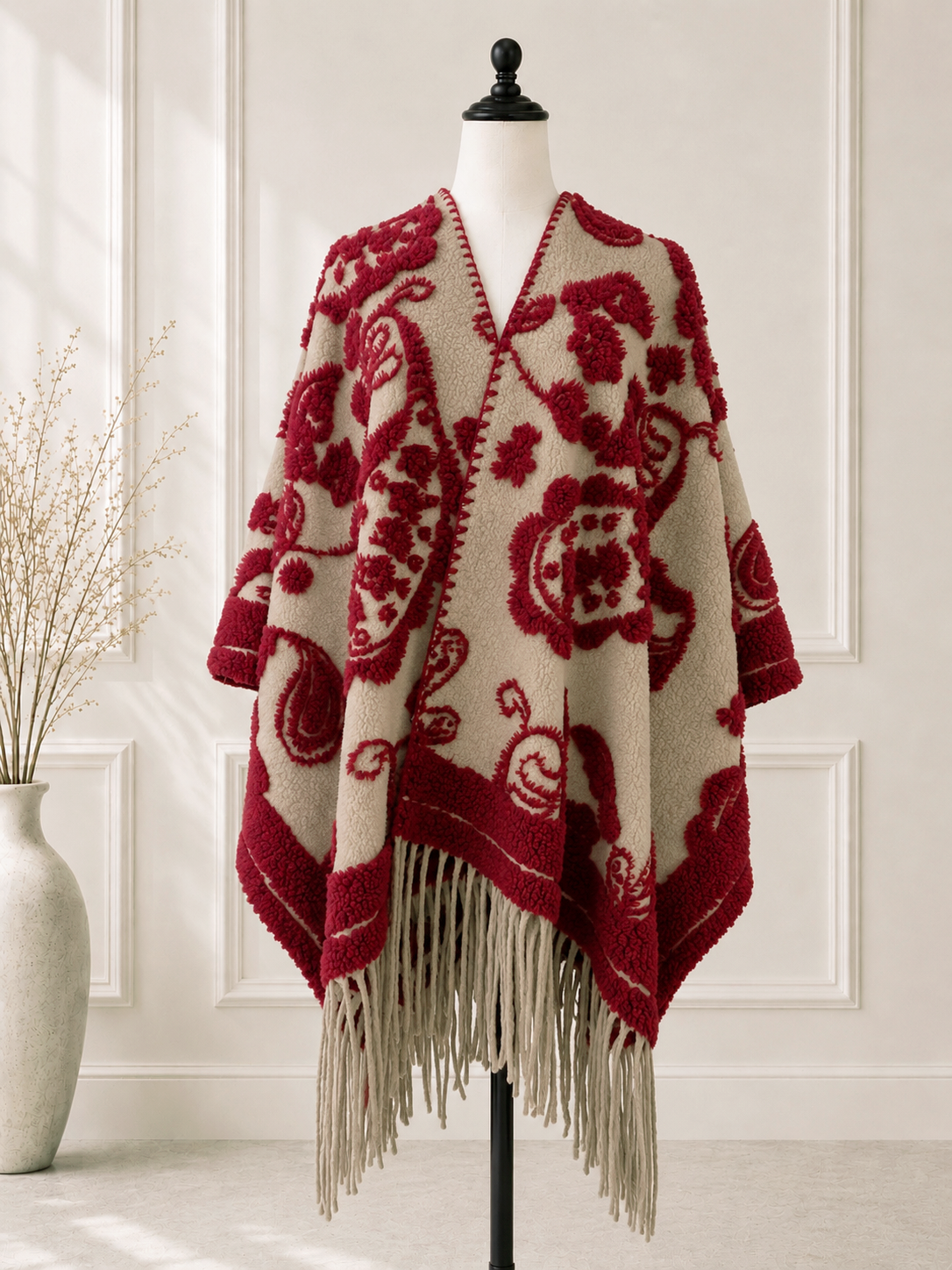 Red Western Boho 3D Textured Paisley Fringe Ruana Cardigan