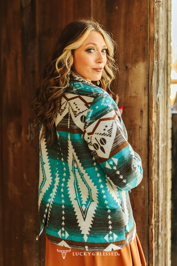 Turquoise Blue Aztec Button Down Blazer