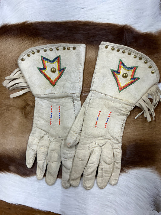 Vintage,White Beaded, Gloves with Fringe