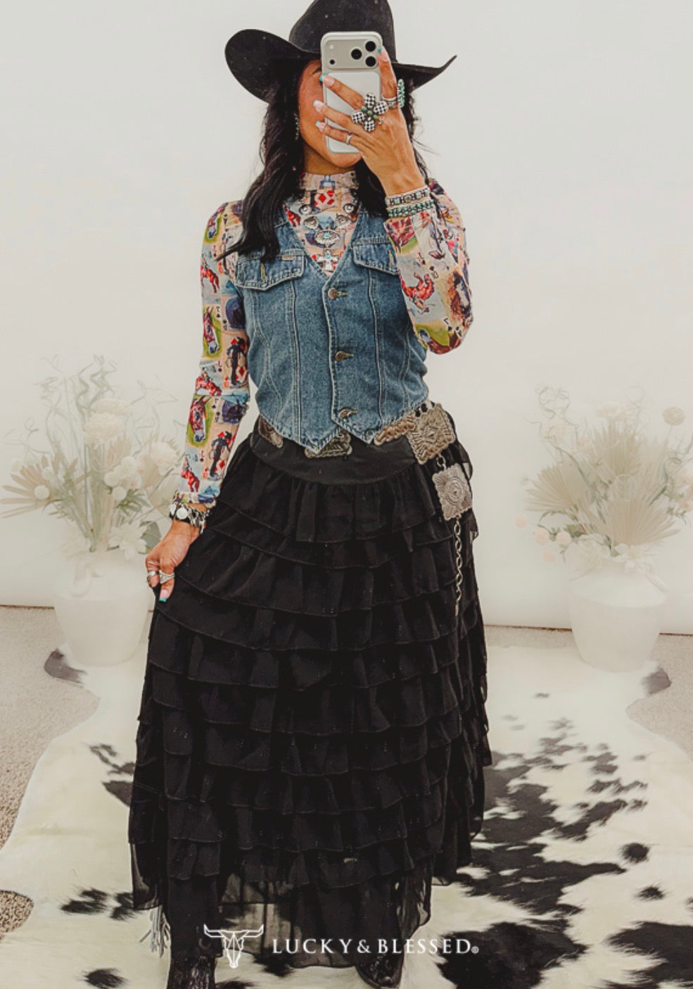 L&B Black Ruffle Multi Tier Maxi High Waisted Skirt
