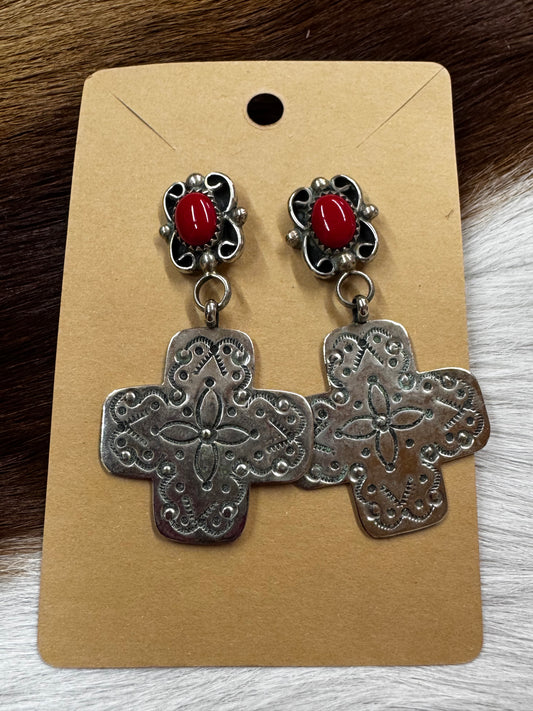 Coral Cross Earrings