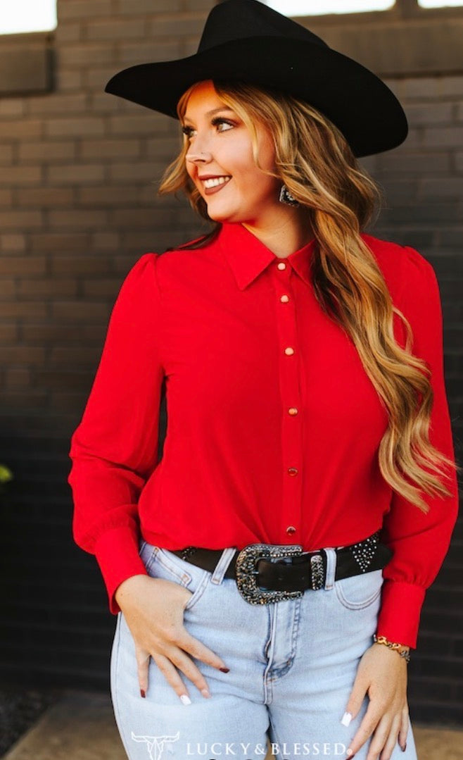 L&B Red Chiffon Button Down Pearl Snap