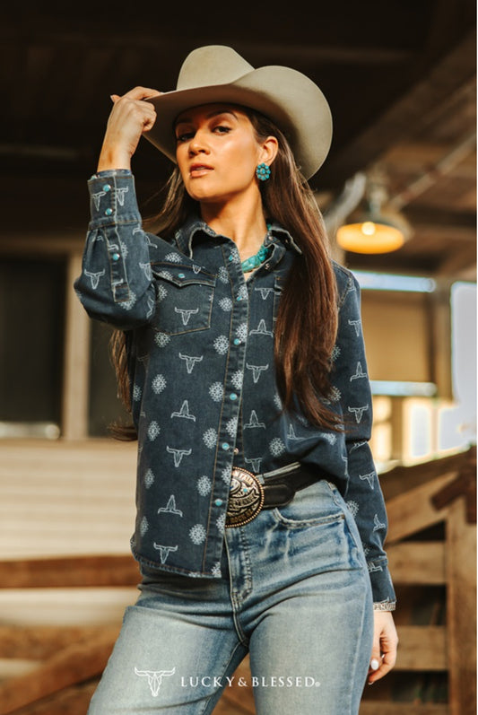 L&B Denim Cow Skull Aztec Pearl Snap Shirt
