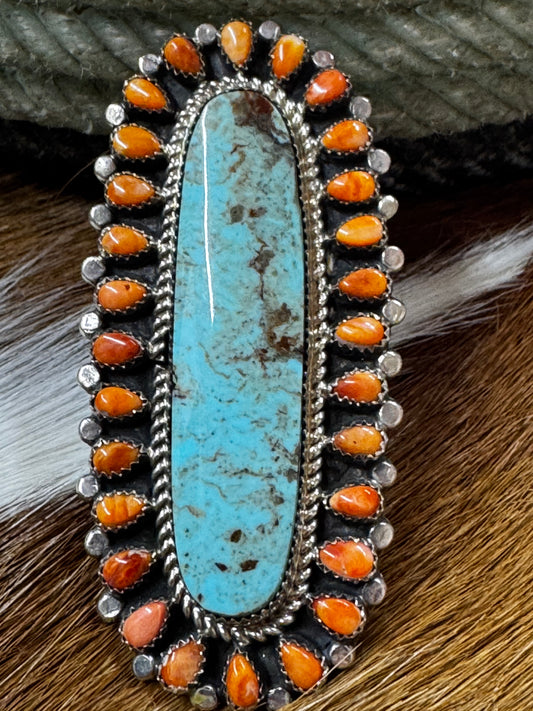 Orange Spiny & Turquoise Statement Ring