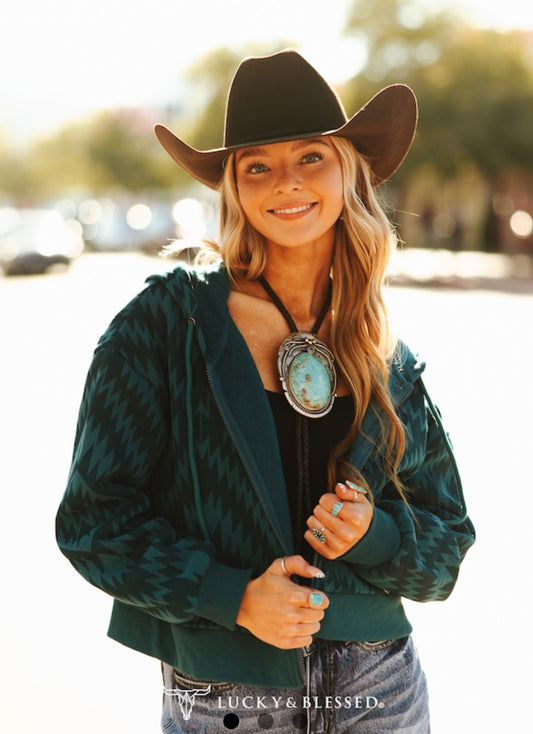 Aztec Teal Hoodie Zip Jacket