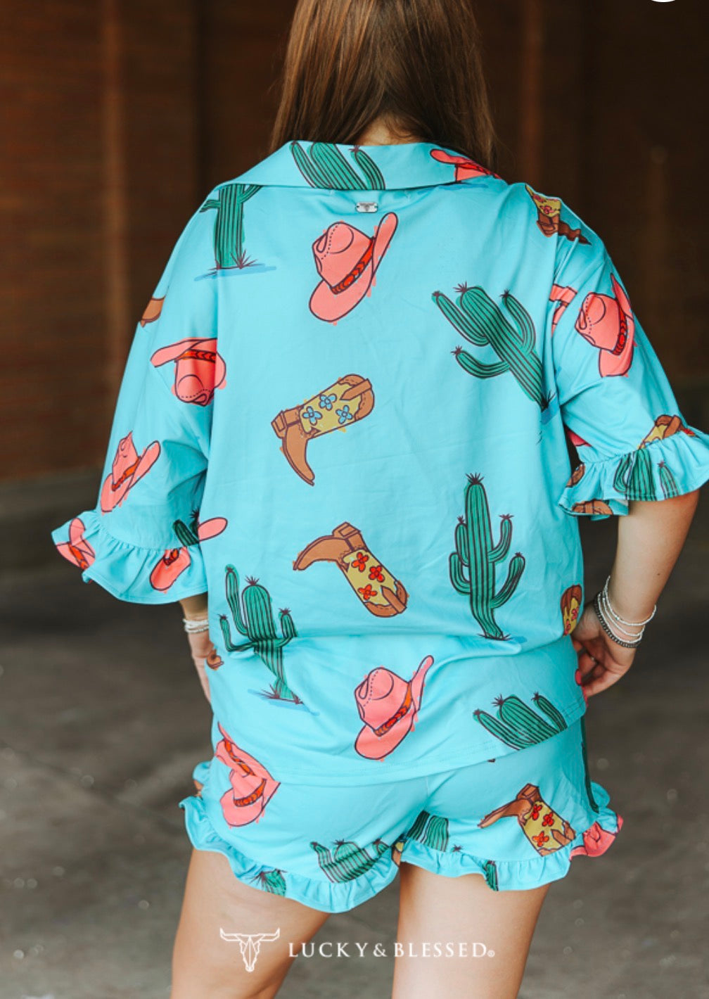 L&B Turquoise Cactus Printed Ruffle Shorts Set