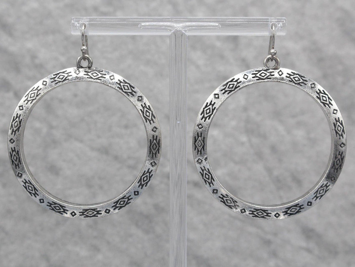 WESTERN TEXTURE ENGRAVED SILVER HOOP Earrings