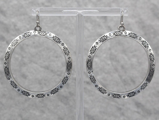 WESTERN TEXTURE ENGRAVED SILVER HOOP Earrings