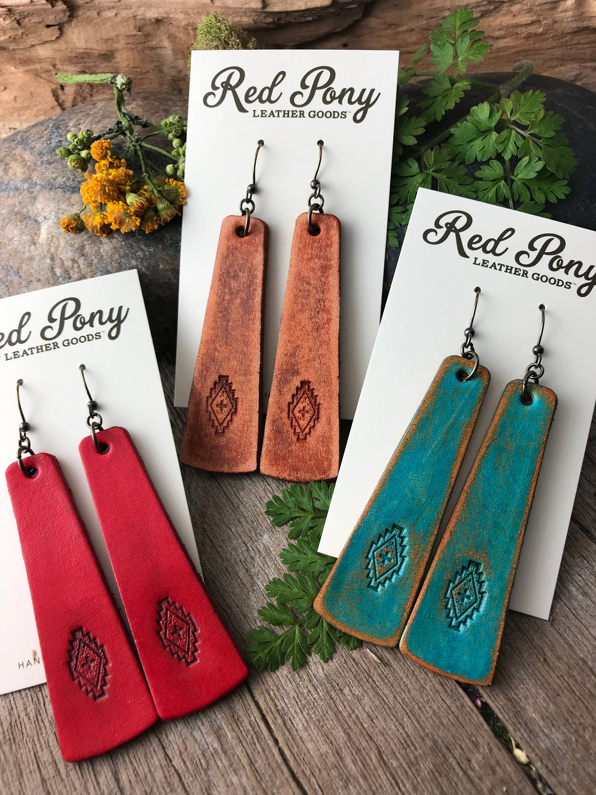 Hand Tooled Western Style Leather Bar Earrings