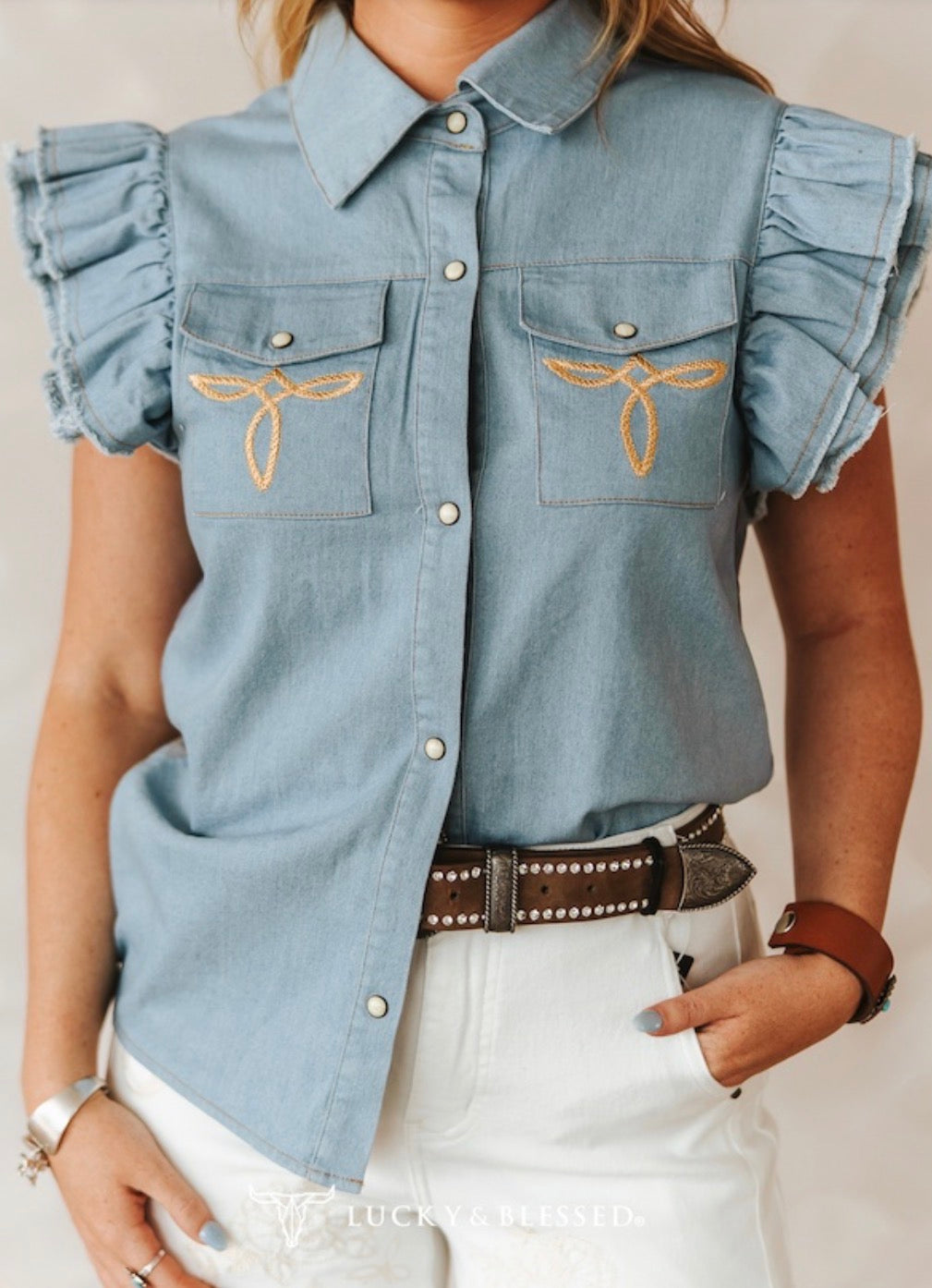 L&B Light Wash Tencel Ruffle Sleeve Western Top