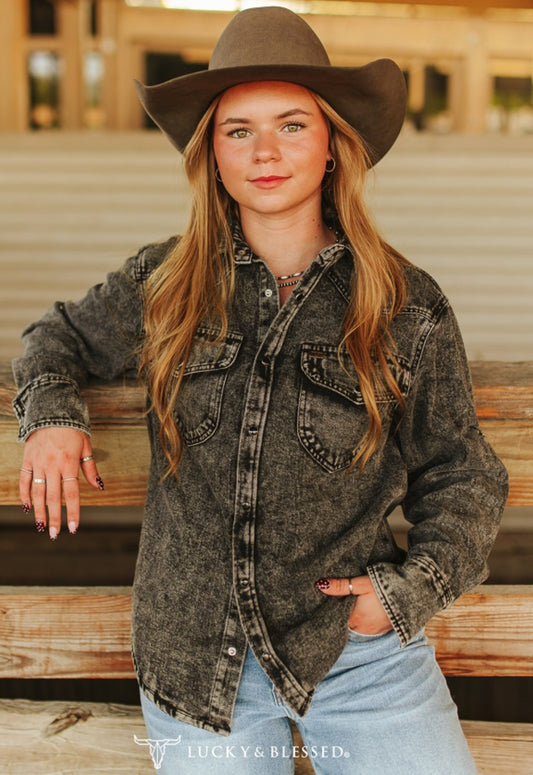 Black Denim Pearl Snap Shirt