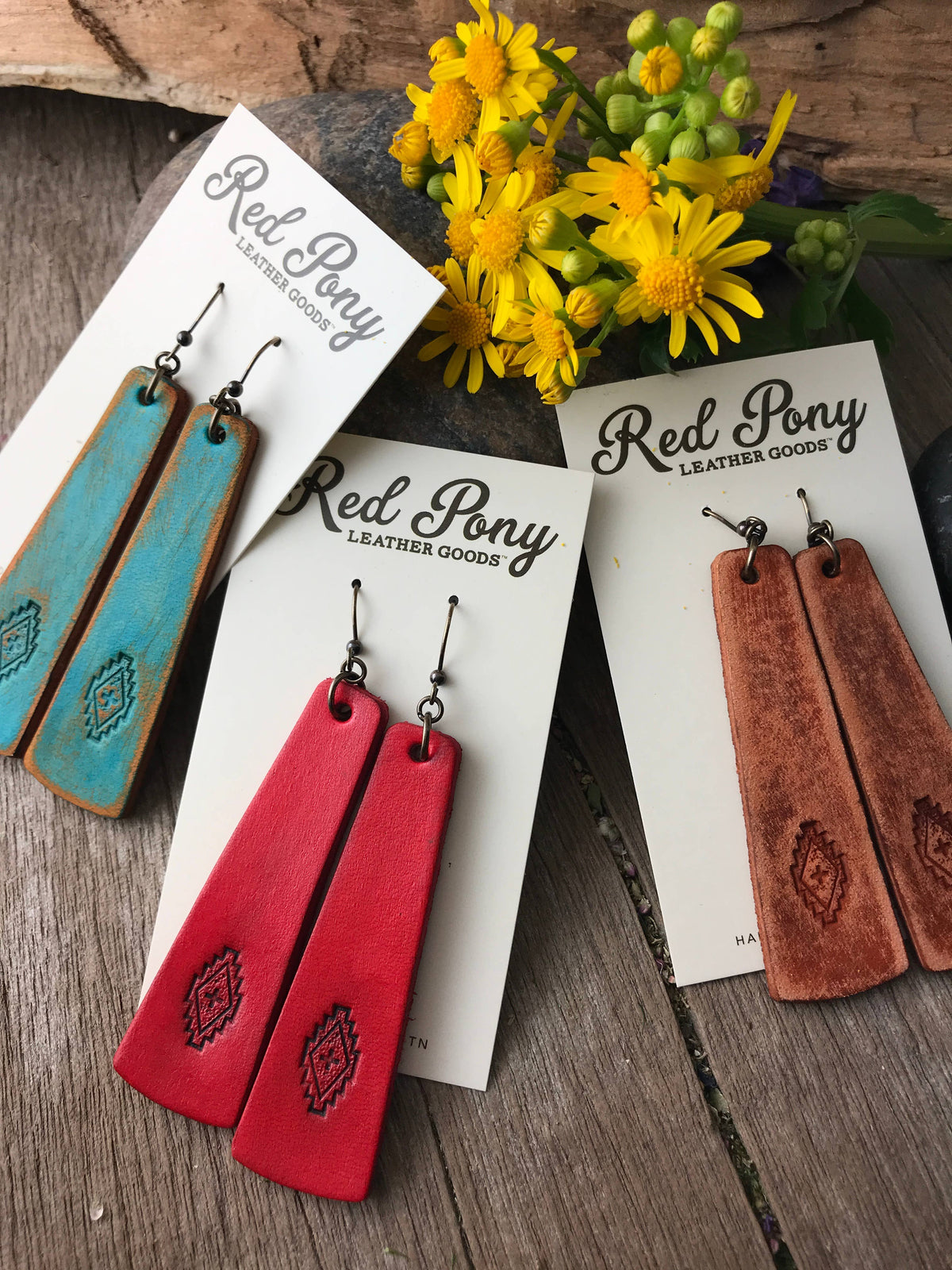 Hand Tooled Western Style Leather Bar Earrings