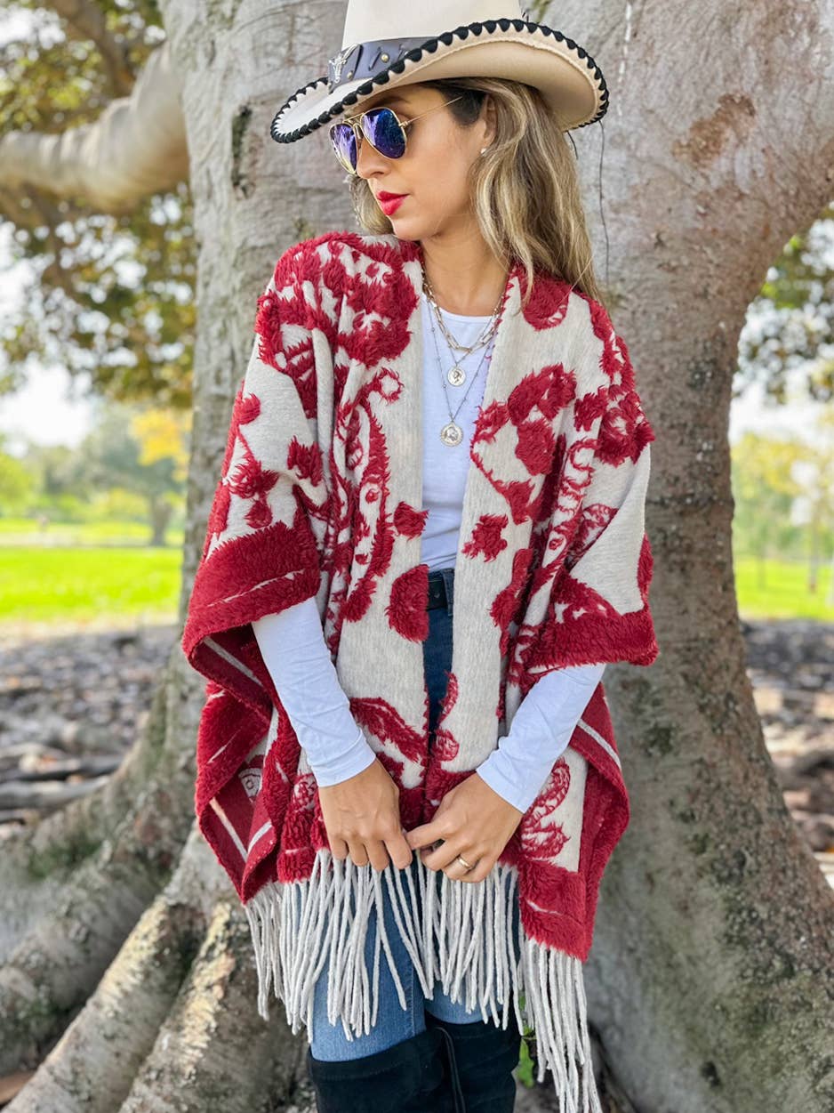 Red Western Boho 3D Textured Paisley Fringe Ruana Cardigan
