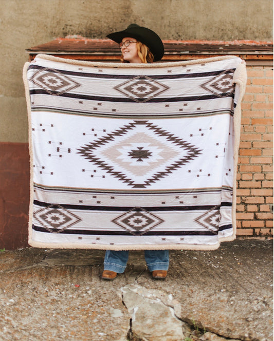 L&B, Ivory Tan Aztec Printed Knitted Beige Sherpa Blanket
