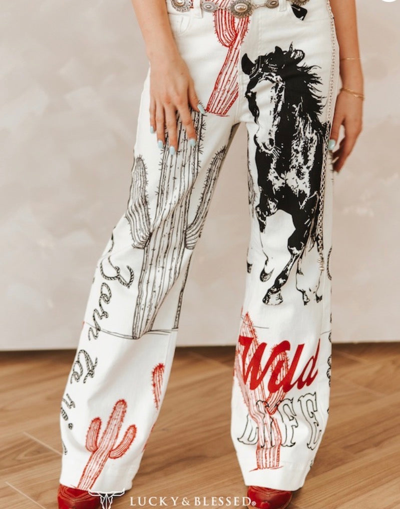 L& B Western Cactus Wild Life Printed High Rise Wide Leg Jeans (32in Inseam)