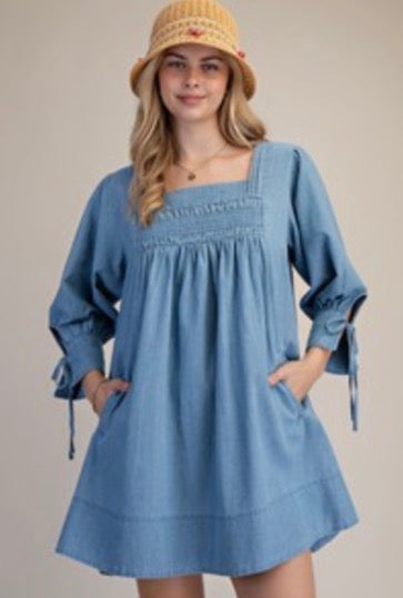 Easel Light Denim Dress Quarter Sleeved