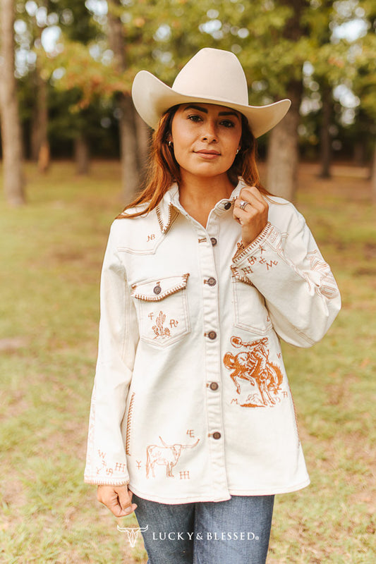 L&B Cream Camel Contrast Stitching Western Detail Concho Button Down Denim Jacket