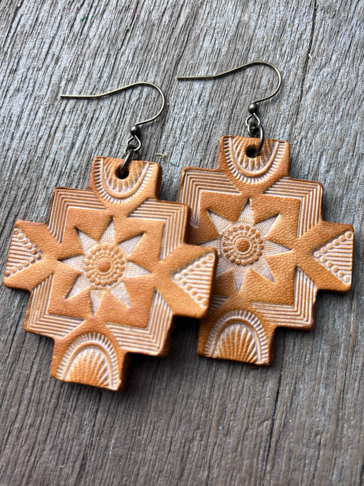Boho Western Hand Tooled Leather Earrings Southwest Style