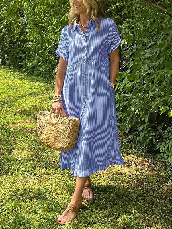 Casual Striped Button V-Neck Short Sleeve Shirt Dress