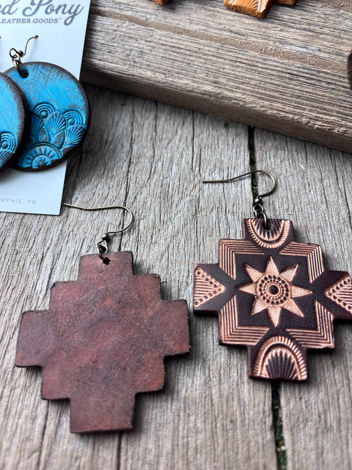 Boho Western Hand Tooled Leather Earrings Southwest Style