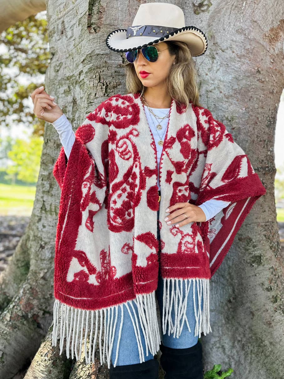 Red Western Boho 3D Textured Paisley Fringe Ruana Cardigan