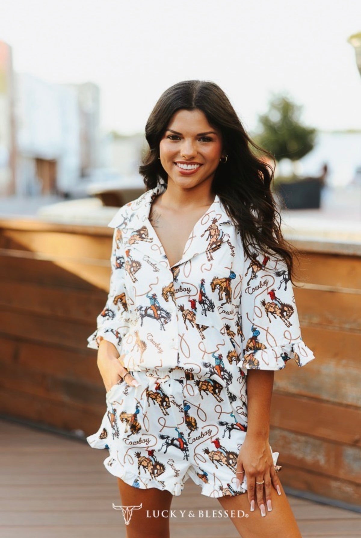 L&B Ivory Cowboy Ruffle Sleeve Short Set