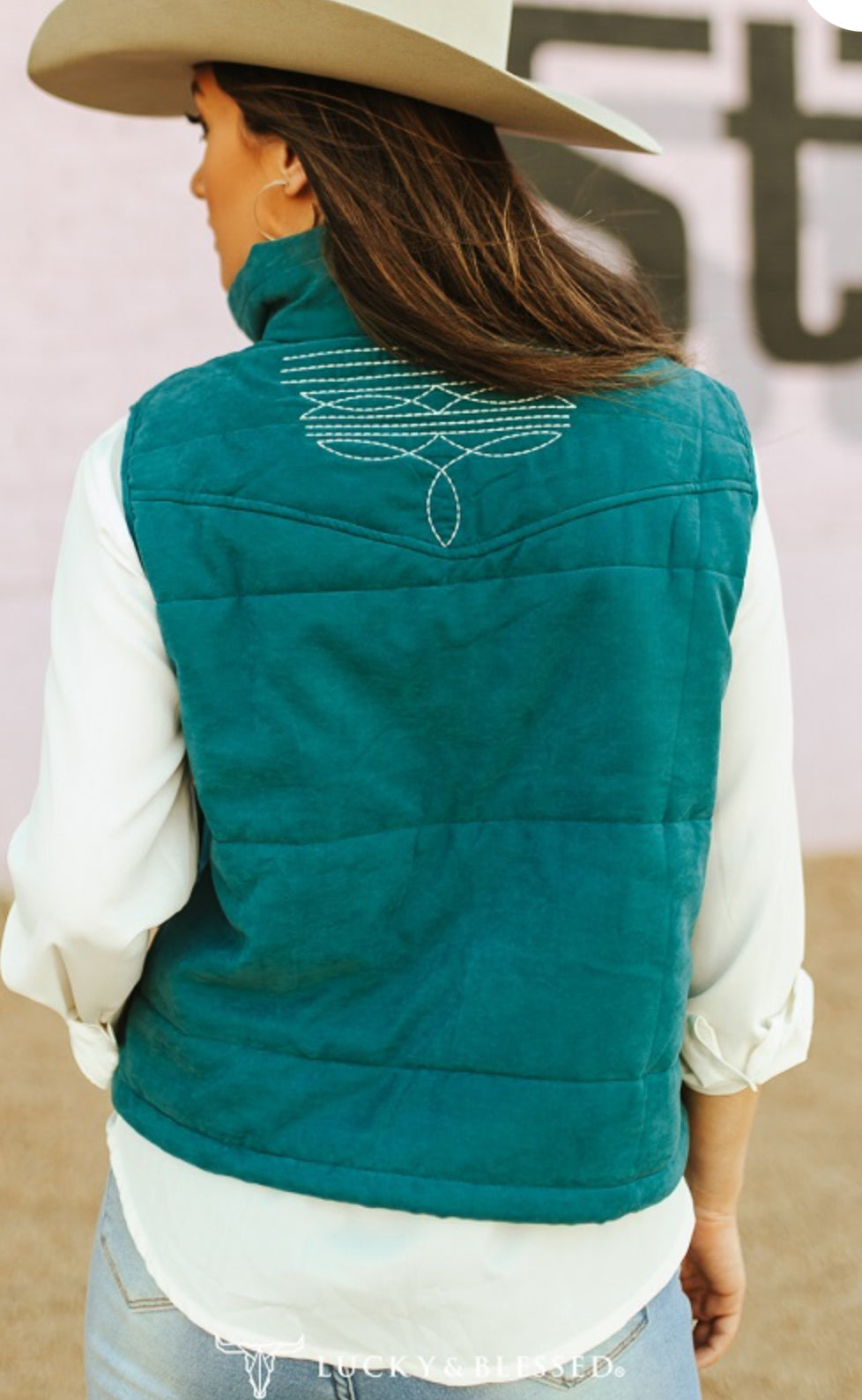 L&B TEAL PUFFER W AZTEC LINING BOOT STITCH DETAIL VEST