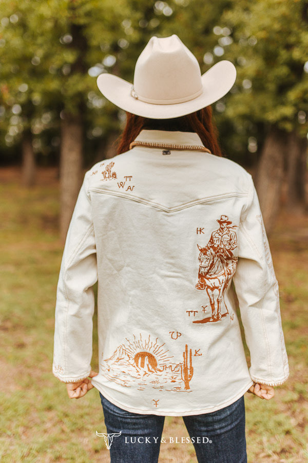 L&B Cream Camel Contrast Stitching Western Detail Concho Button Down Denim Jacket