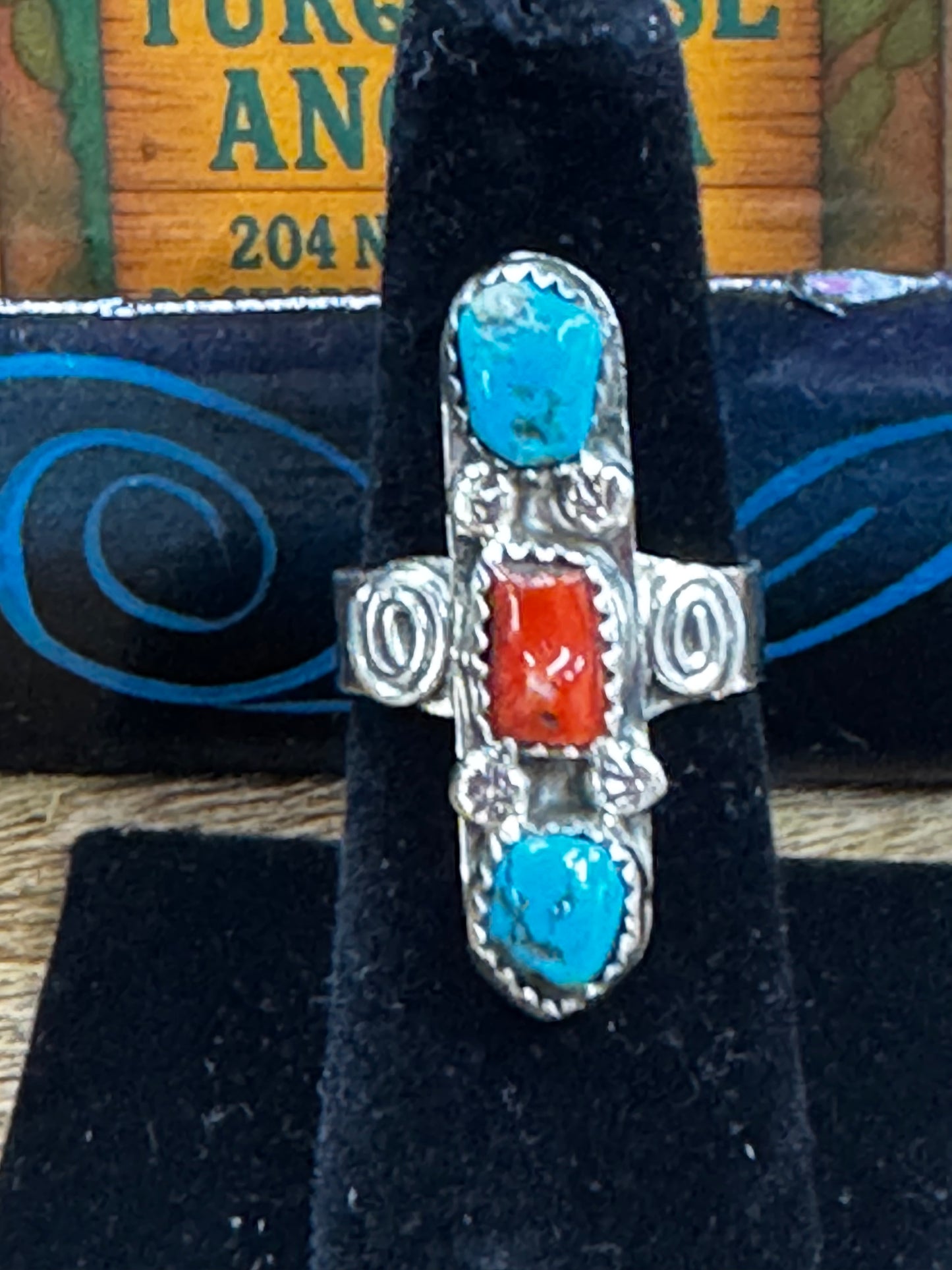 Silver Turquoise & Coral Ring