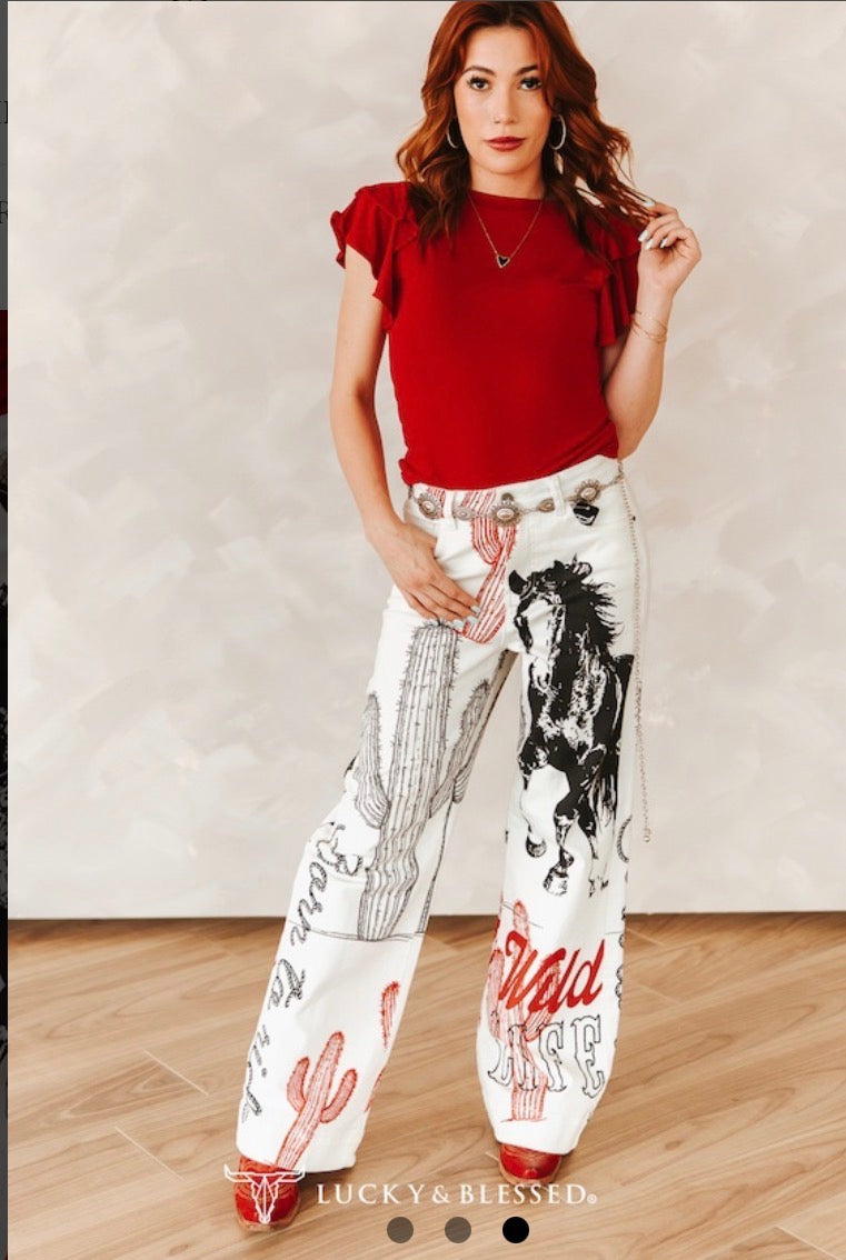 L& B Western Cactus Wild Life Printed High Rise Wide Leg Jeans (32in Inseam)