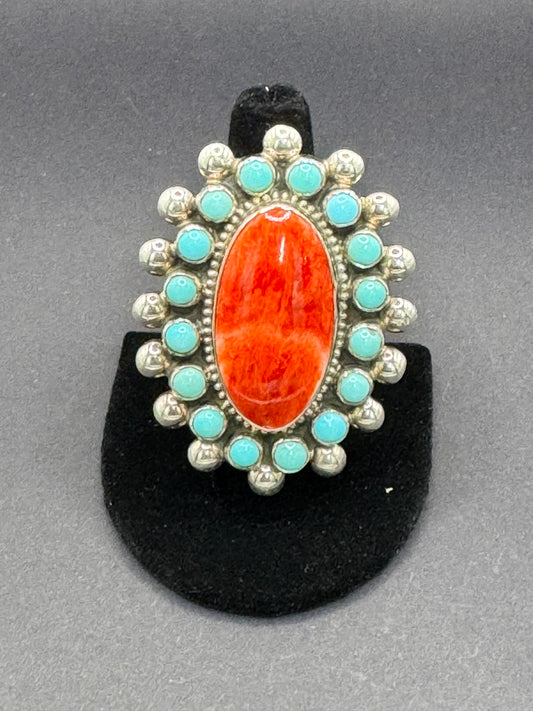 TJR Orange Spiny and Turquoise Ring