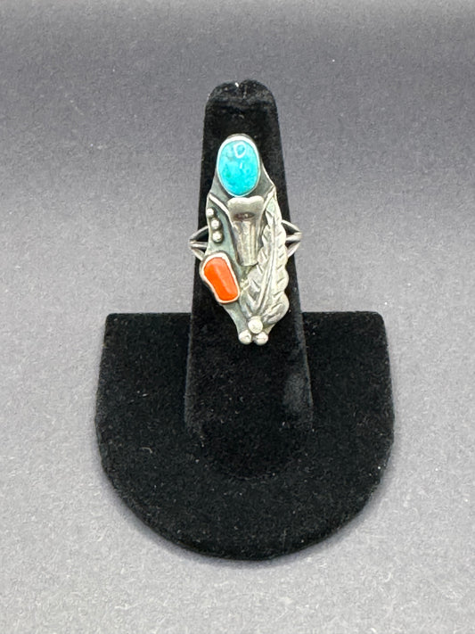 Vintage Turquoise, Coral & Silver Ring