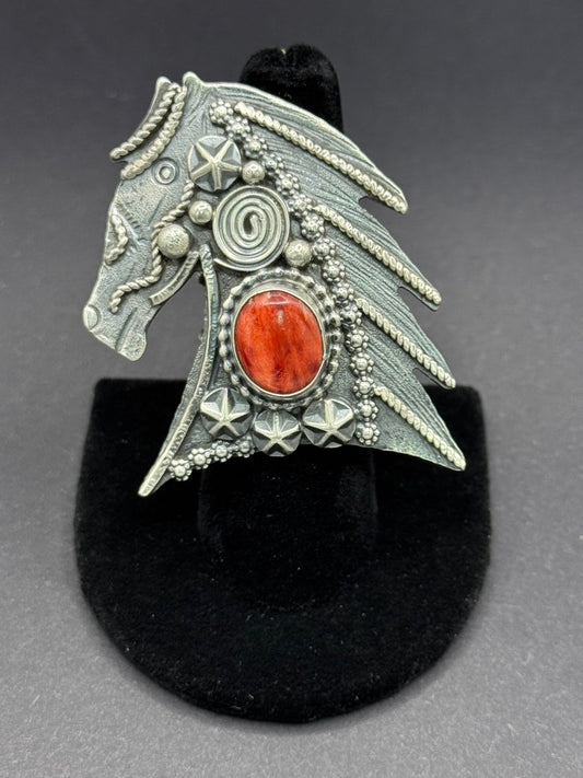 VR Coral and Silver Horse Head Ring