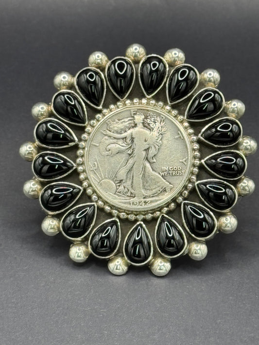 TJR Black Onyx Lady Liberty Sterling Silver, Adjustable Coin Ring