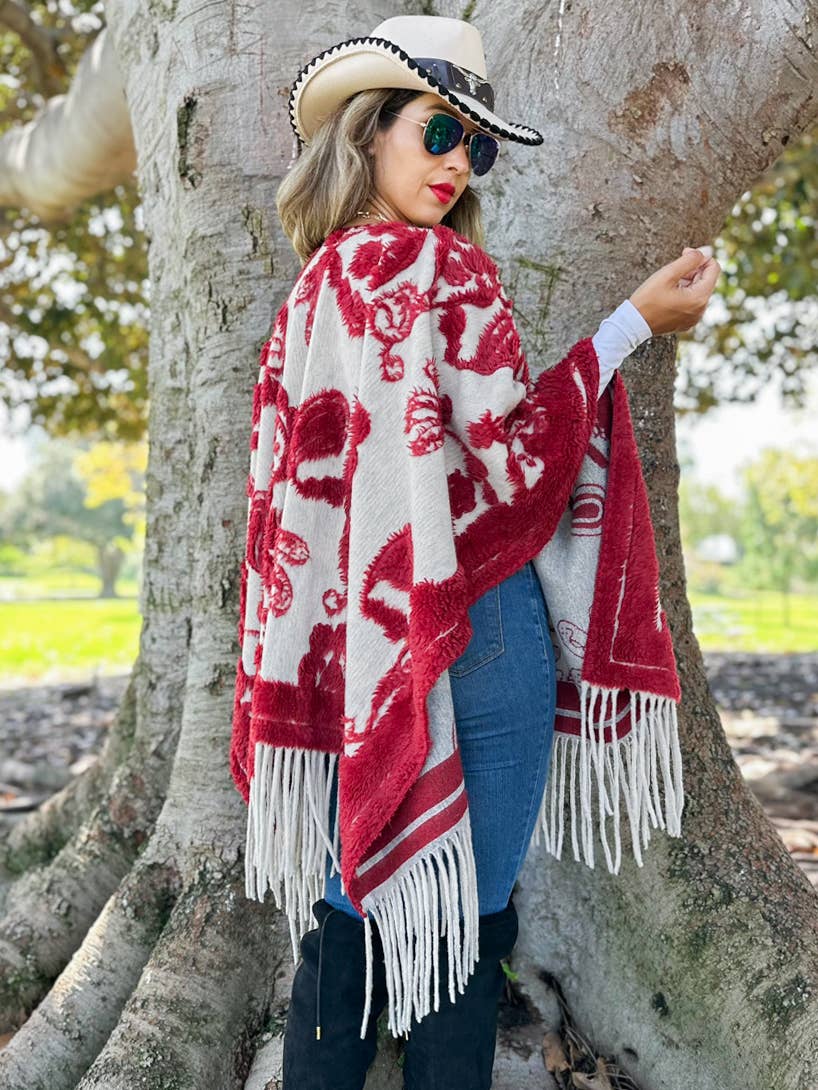 Red Western Boho 3D Textured Paisley Fringe Ruana Cardigan