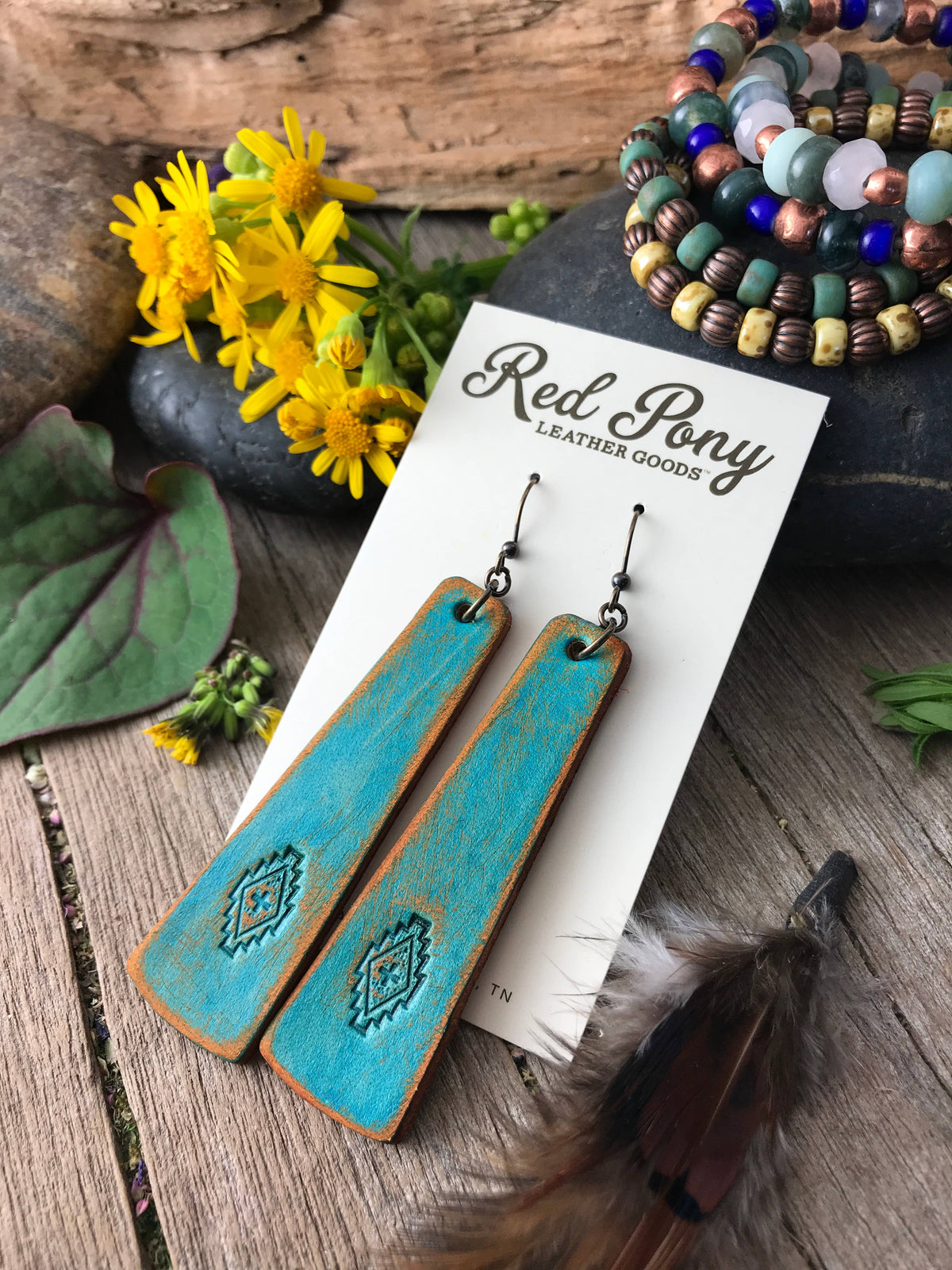Hand Tooled Western Style Leather Bar Earrings