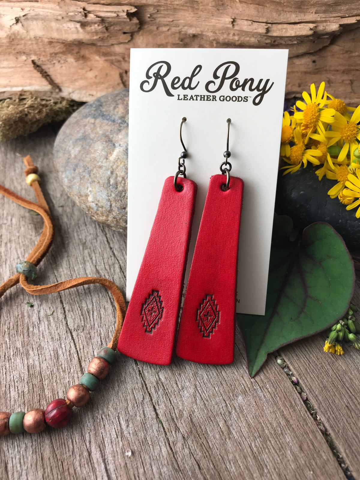Hand Tooled Western Style Leather Bar Earrings